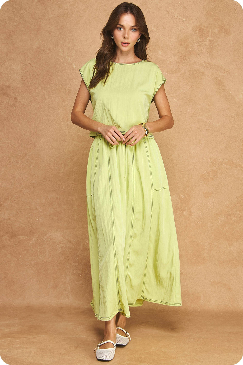 Top Stitch Cap Sleeve Top & Midi Skirt 2-Piece Set