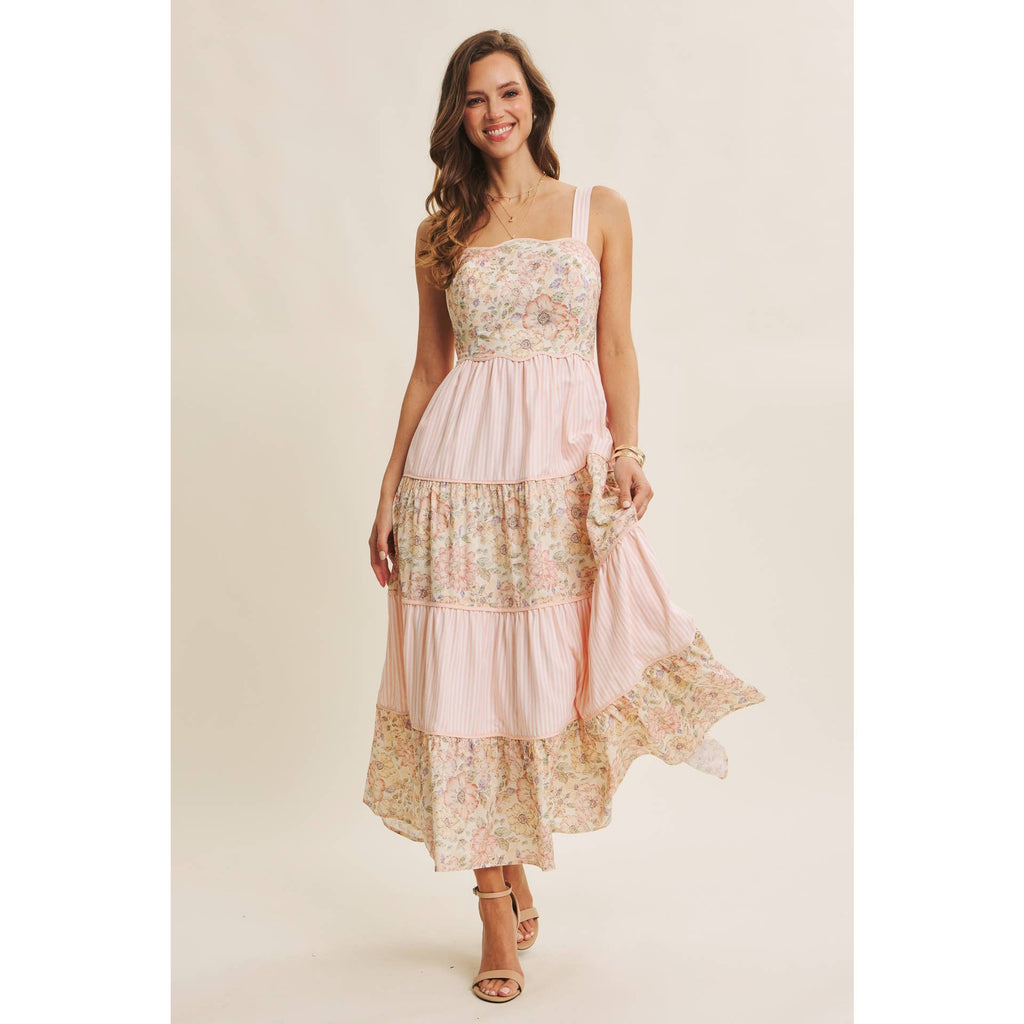 DREAMY IDEAL TIERED MIDI DRESS MIXED IN FLORALS AND STRIPES