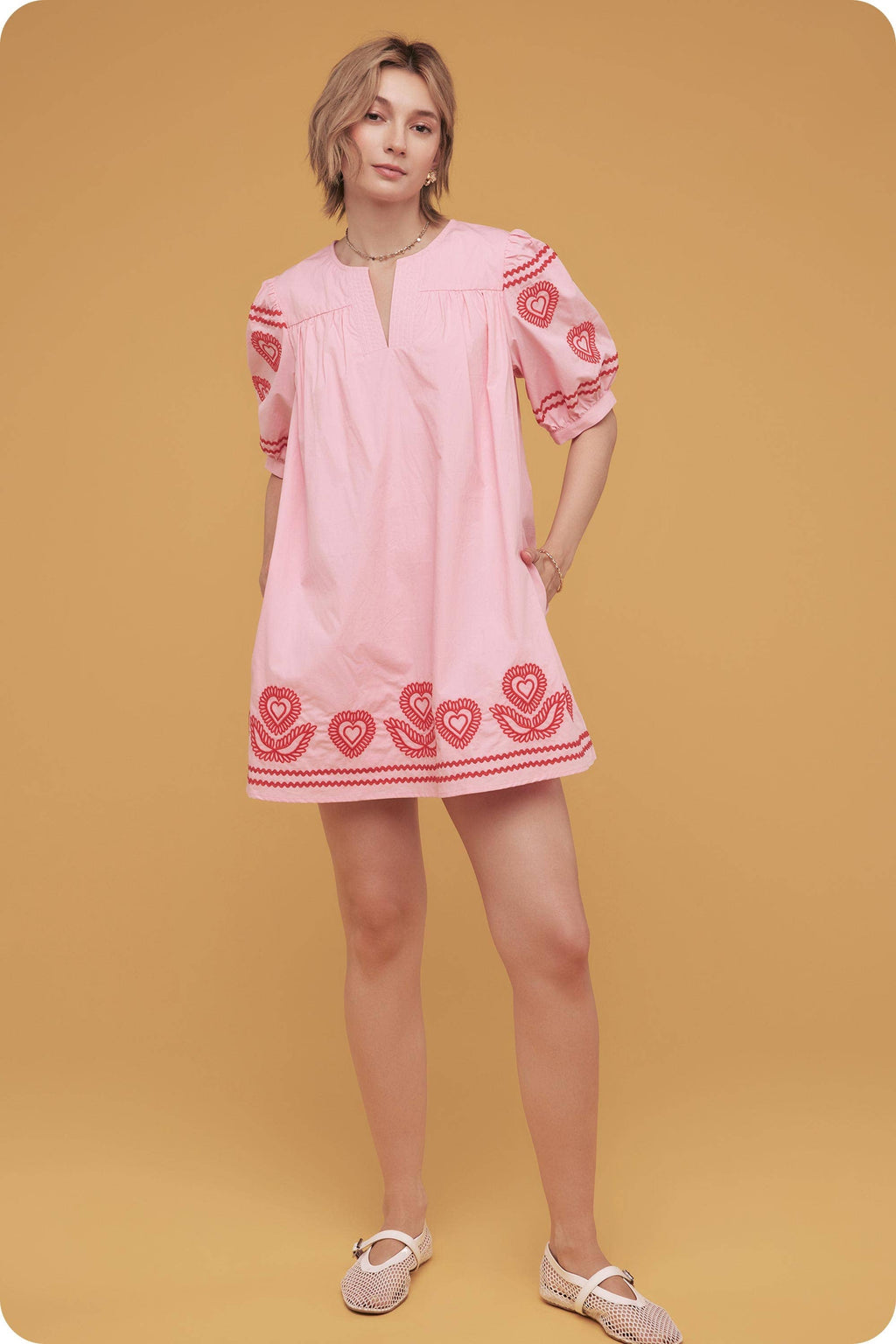Heart Embroidery Puff Sleeve Mini Dress
