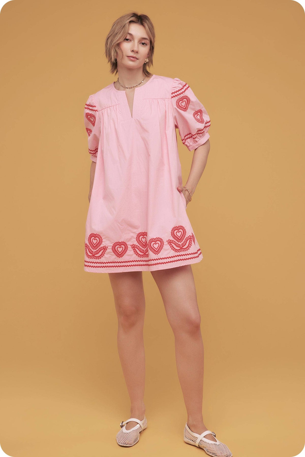 Heart Embroidery Puff Sleeve Mini Dress