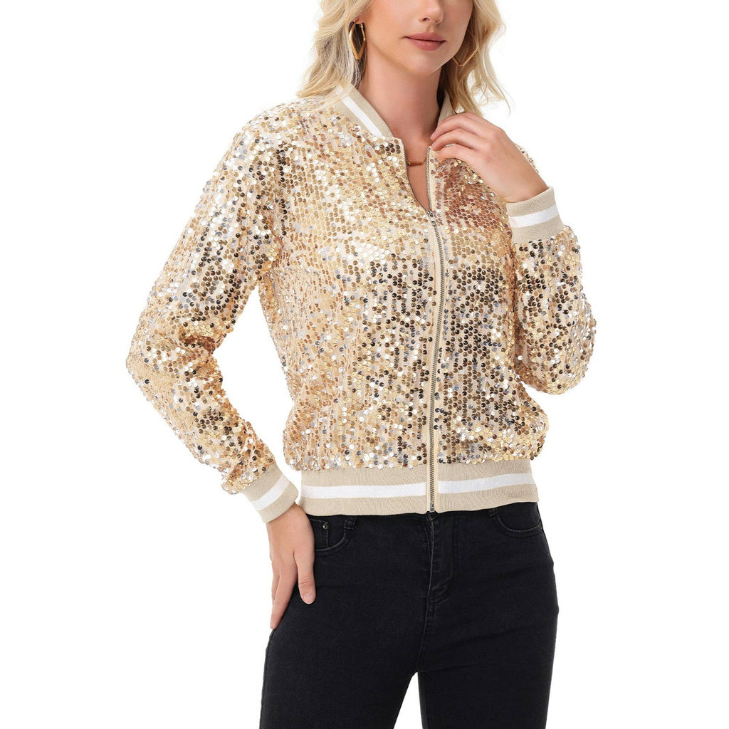 Game Day Sequin Bomber Jacket with Ribbed Trim and Front Zip