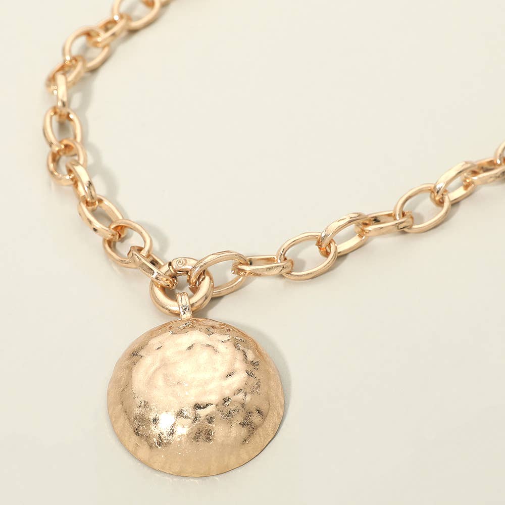 Hammered Metal Dome Disc Pendant Chunky Chain Necklace