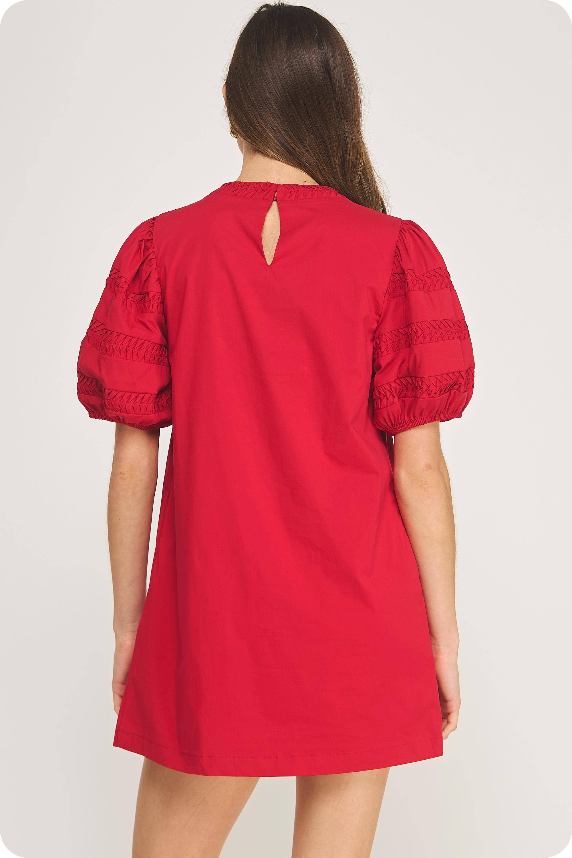Reverse Pintuck Puff Sleeve Mini Dress