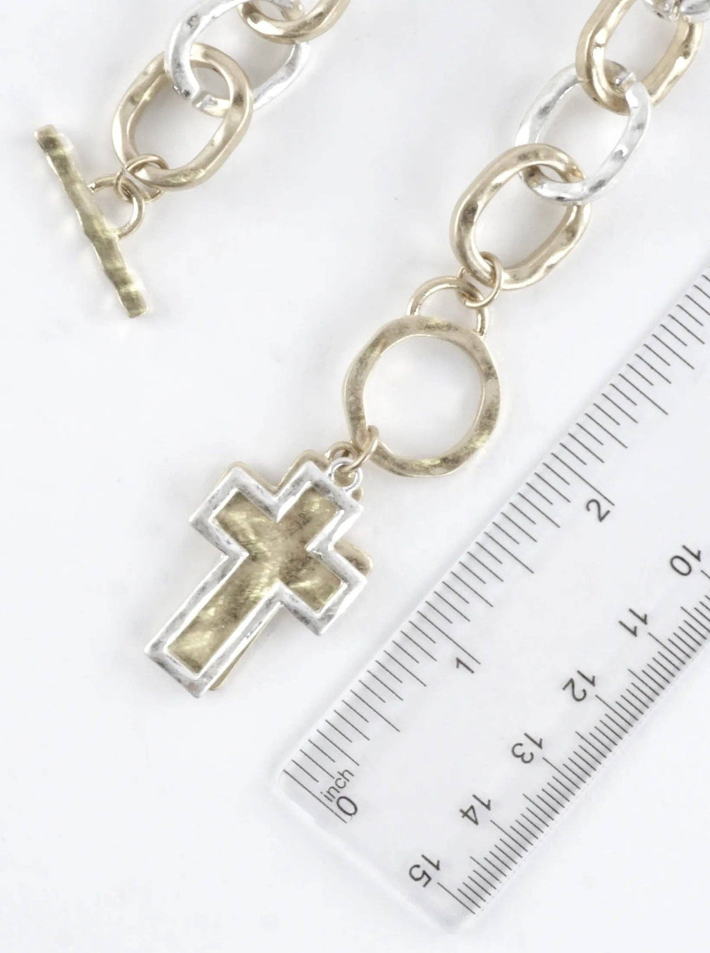 Chunky Hammered Two Cross Toggle Pendant Necklace
