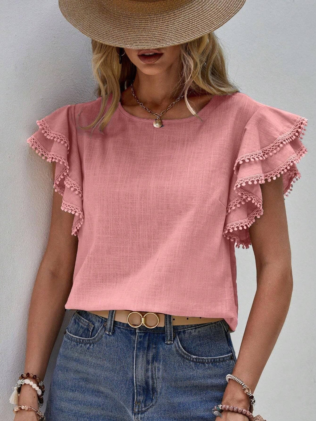 Women’s Ruffle Batwing Short Sleeve Crew Neck Top