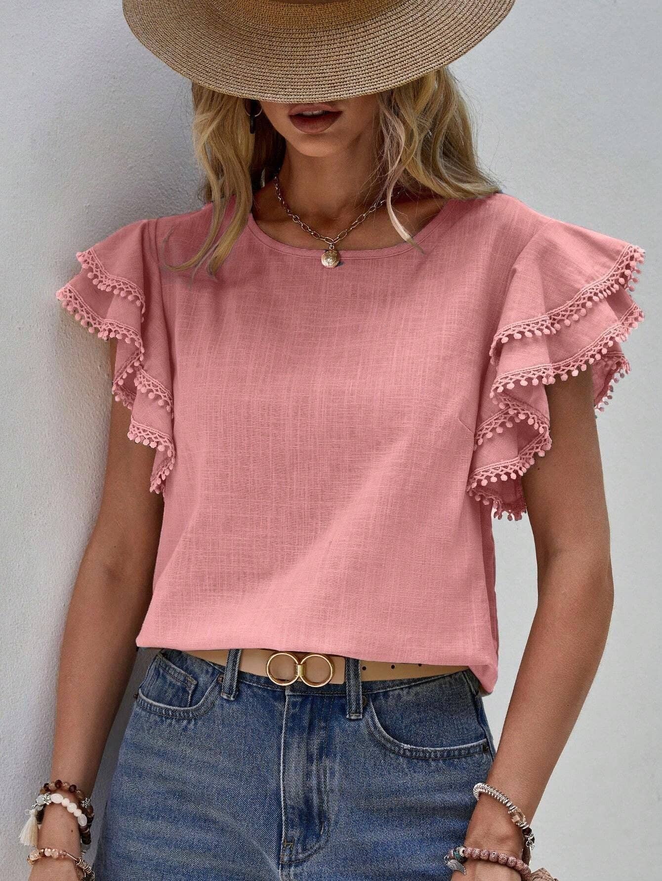 Women’s Ruffle Batwing Short Sleeve Crew Neck Top