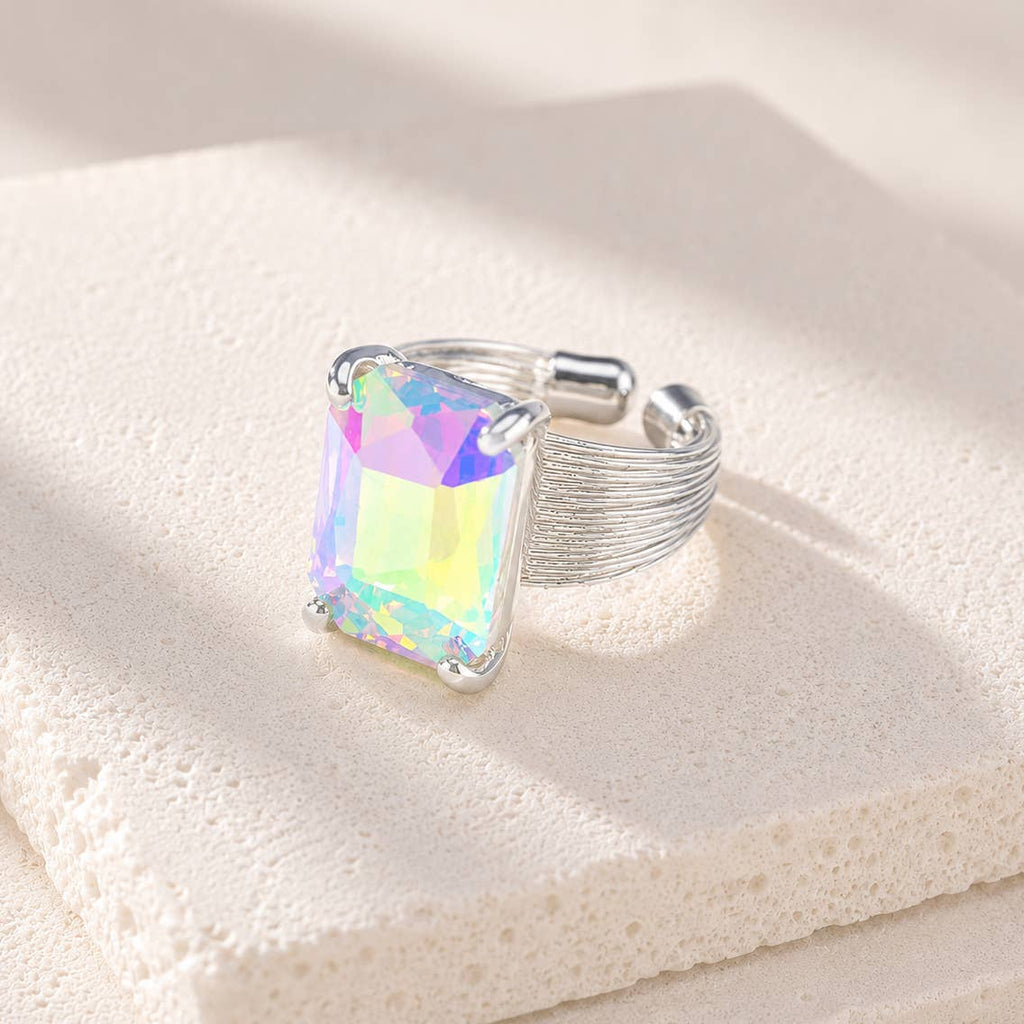 Square Glass Cushion Cut Cocktail Adjustable Wire Ring