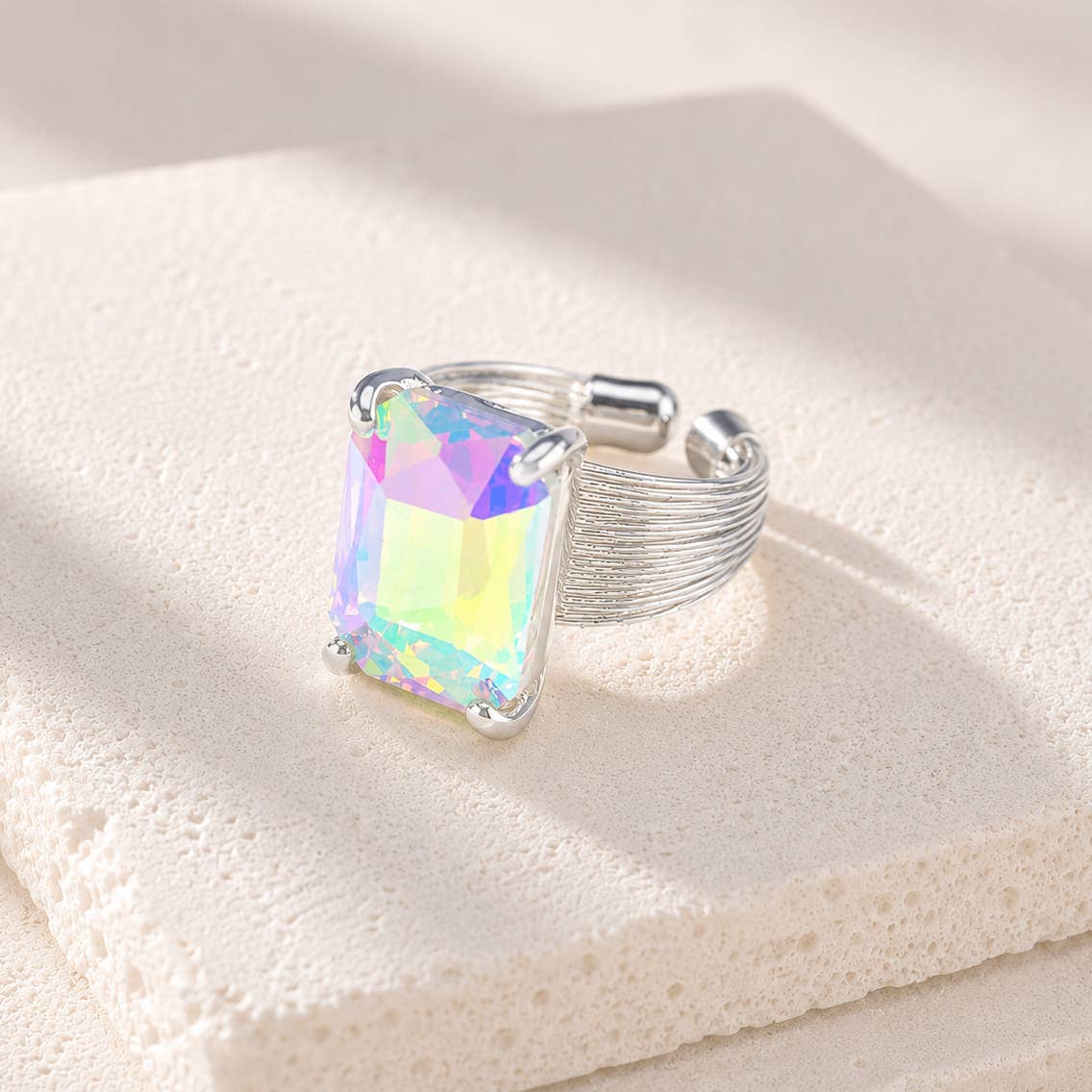 Square Glass Cushion Cut Cocktail Adjustable Wire Ring