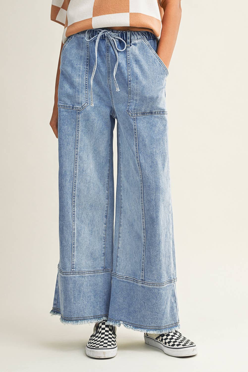 LDC Drawstring Seam Detail Raw Hem Wide Leg Denim Pants