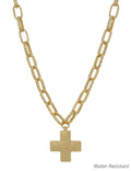 Water Resistant Gold Open Chain with Hammered Cross 16"-18" Necklace