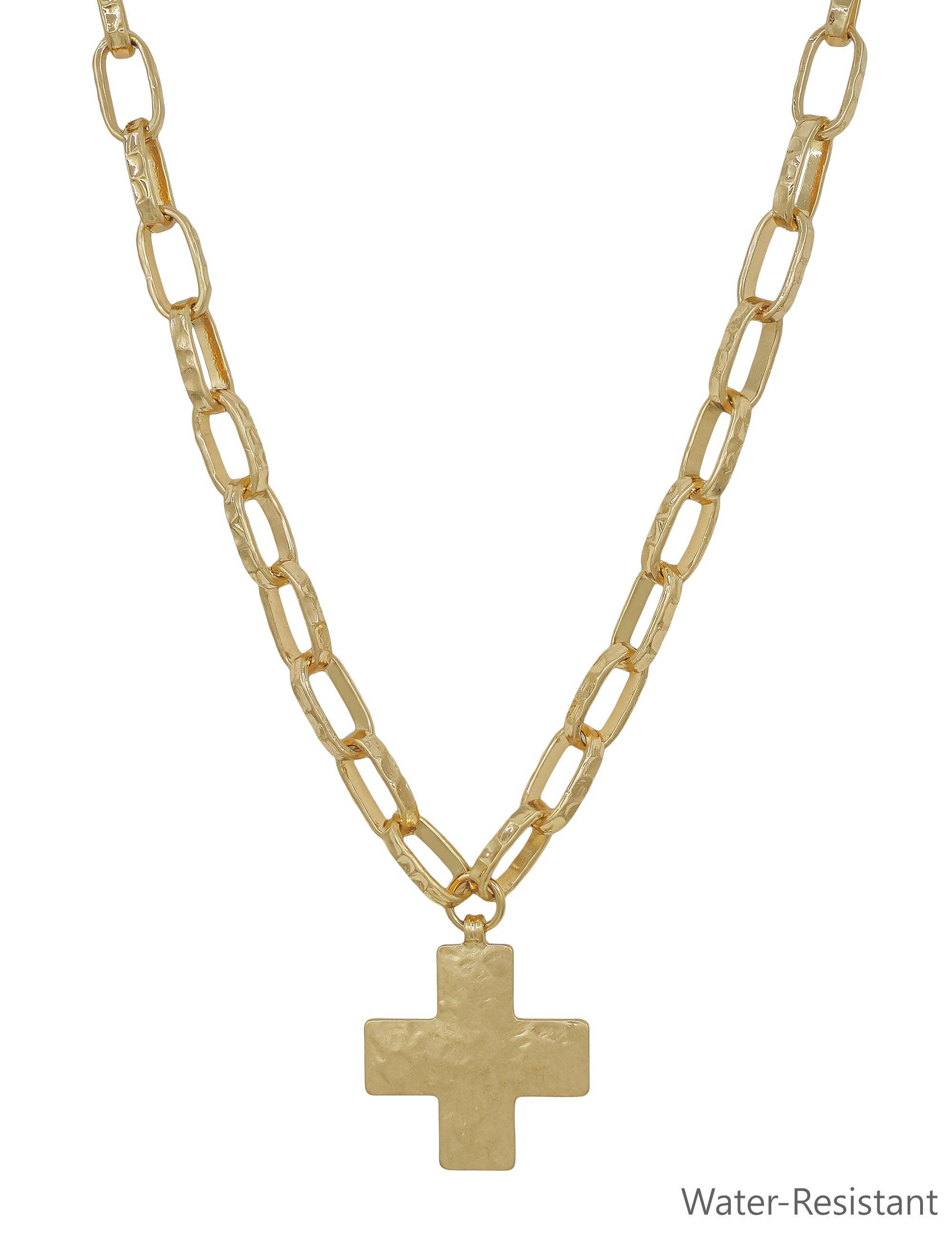 Water Resistant Gold Open Chain with Hammered Cross 16"-18" Necklace