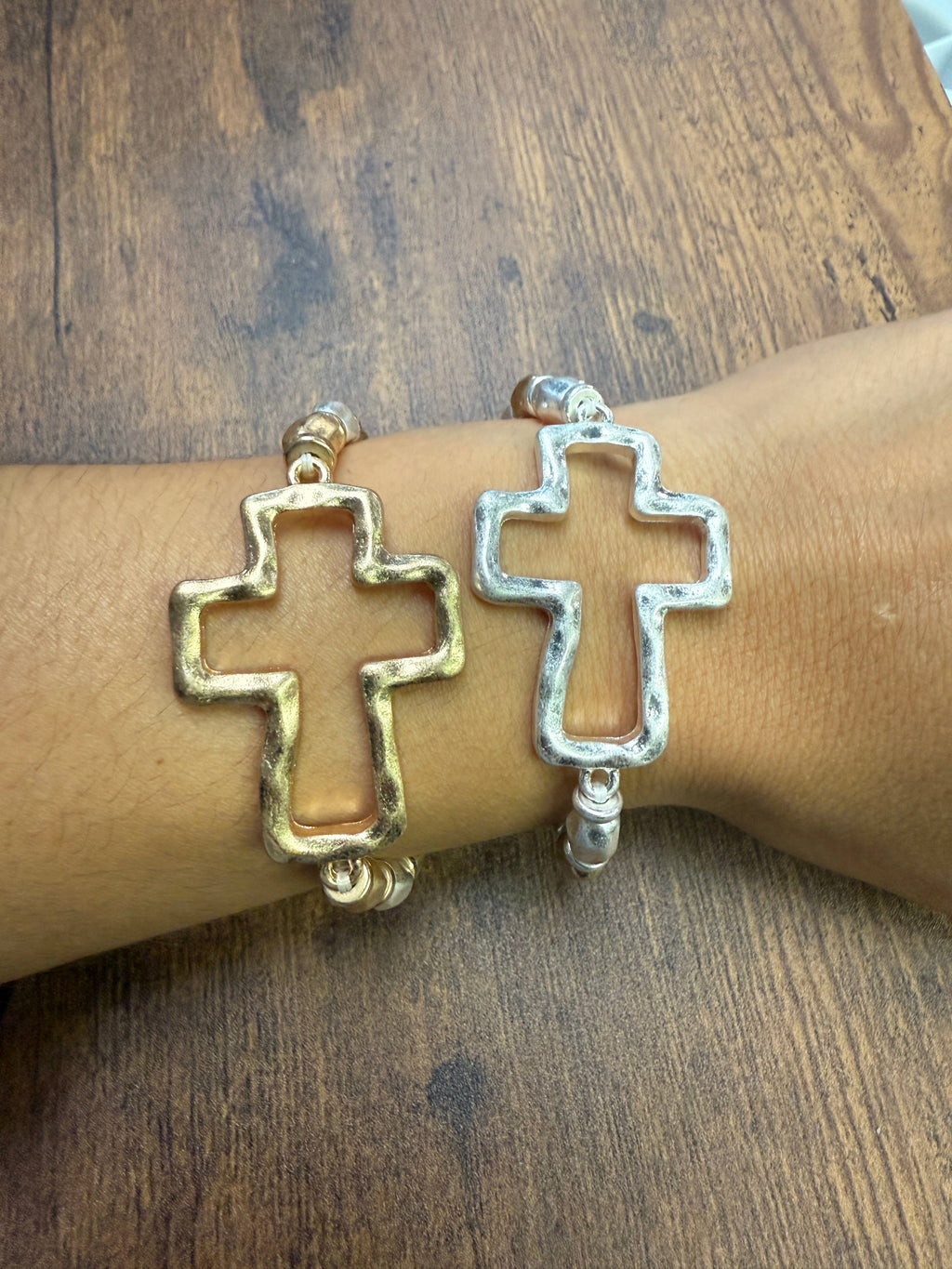 Gold or Silver Hammered Cross Mixed Metal Stretch Bracelet