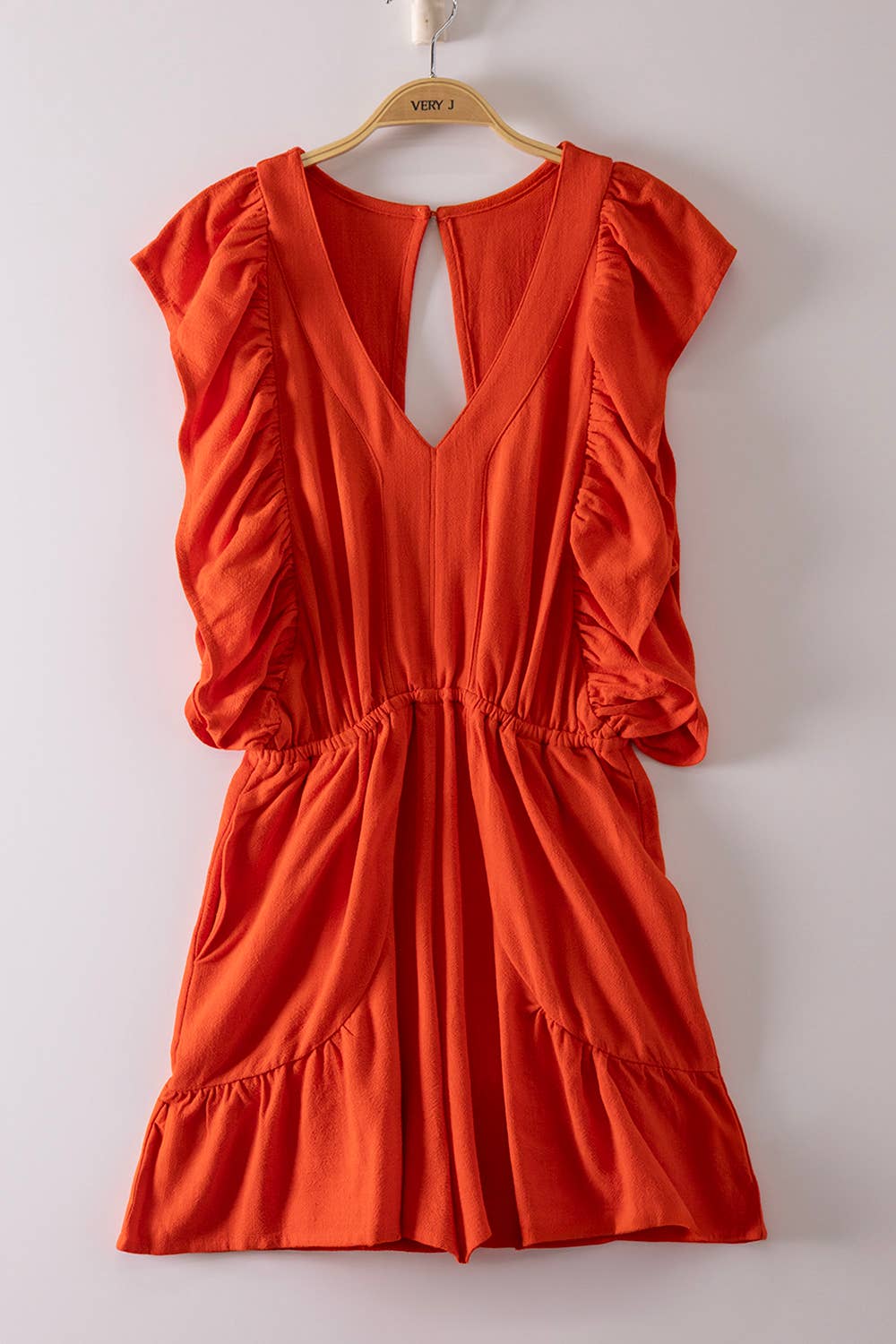 NP71067-Back Cutout Detail Ruffled Sleeve Romper