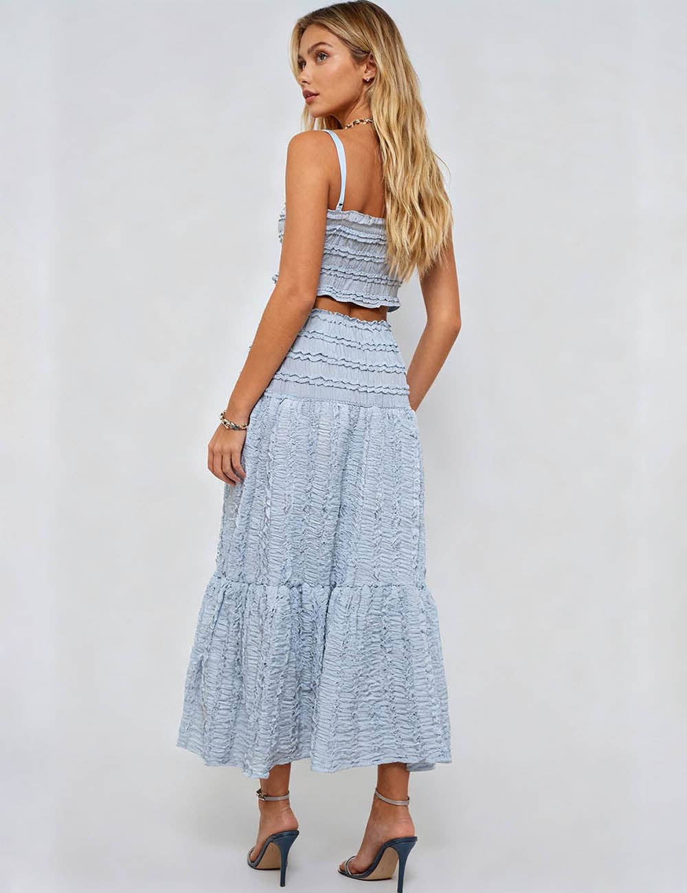 Ladies Romantic Wrinkle Ruffle Cami Top & Tiered Maxi Skirt Set: Apricot / M