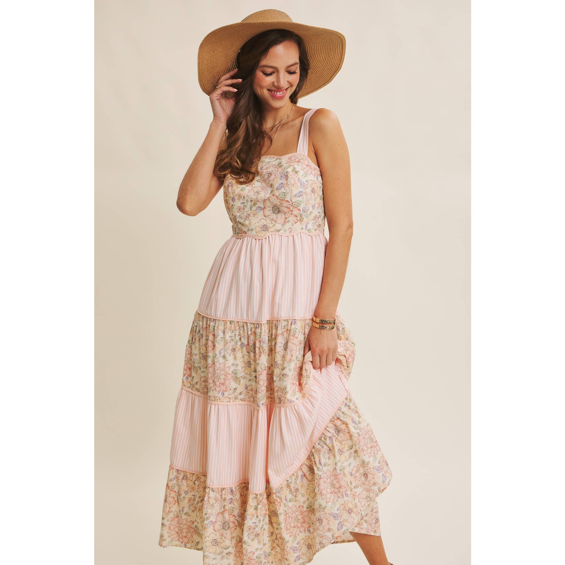 DREAMY IDEAL TIERED MIDI DRESS MIXED IN FLORALS AND STRIPES