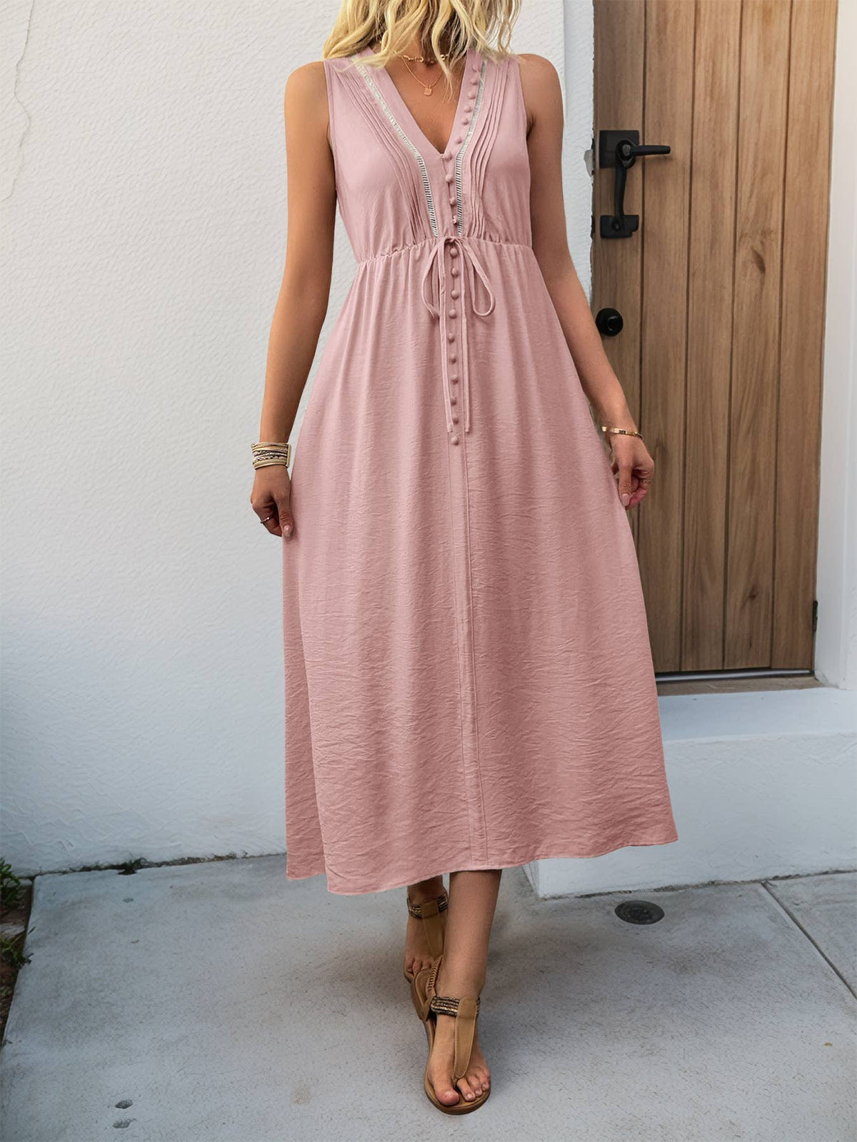 Sleeveless V Neck Maxi Dress with Button Front and Pockets