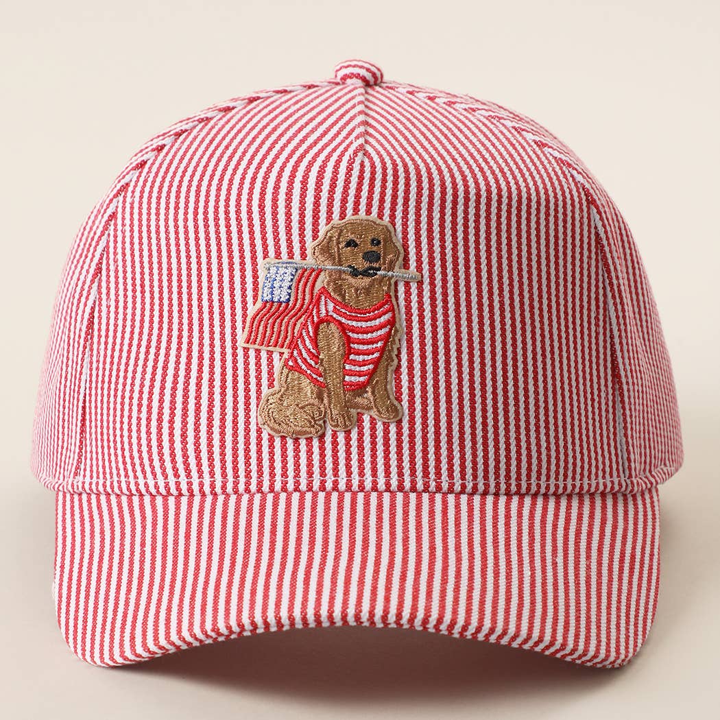 Dog Sitting Holding USA Flag Patch Seersucker Trucker Hat
