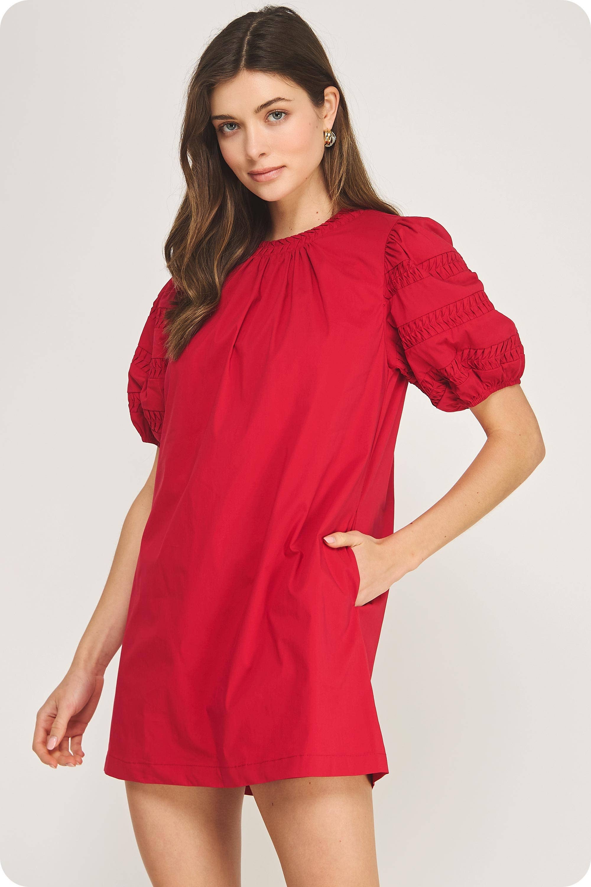 Reverse Pintuck Puff Sleeve Mini Dress
