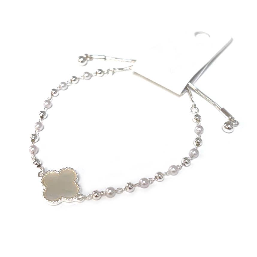 Clover Charm w/Pearl & CCB Ball Bead Pull Tie Bracelet