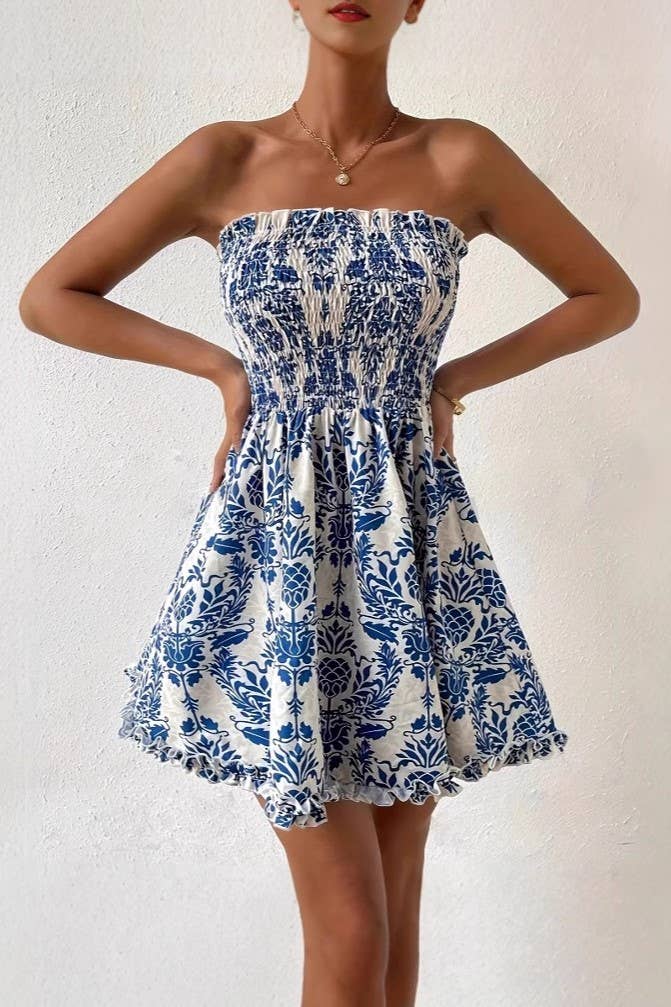 Vacation Paisley Floral Smocked strapless dress in blue