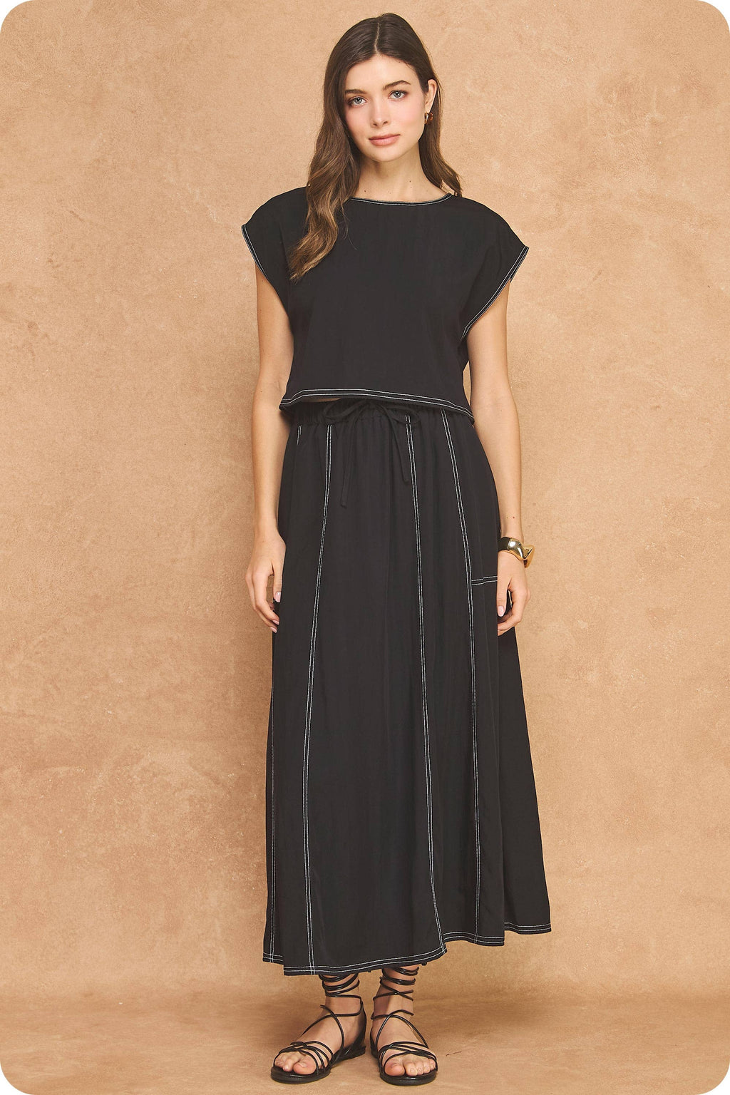 Top Stitch Cap Sleeve Top & Midi Skirt 2-Piece Set