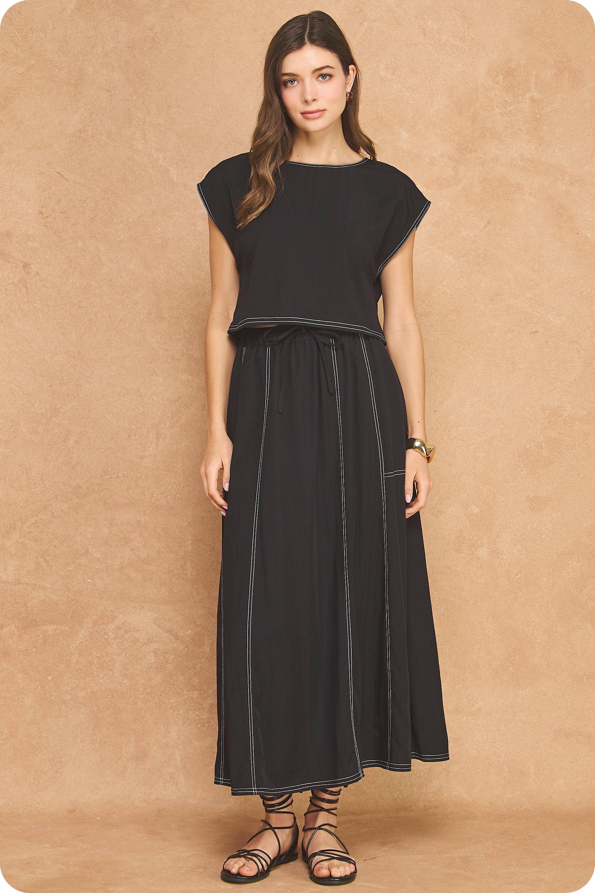 Top Stitch Cap Sleeve Top & Midi Skirt 2-Piece Set