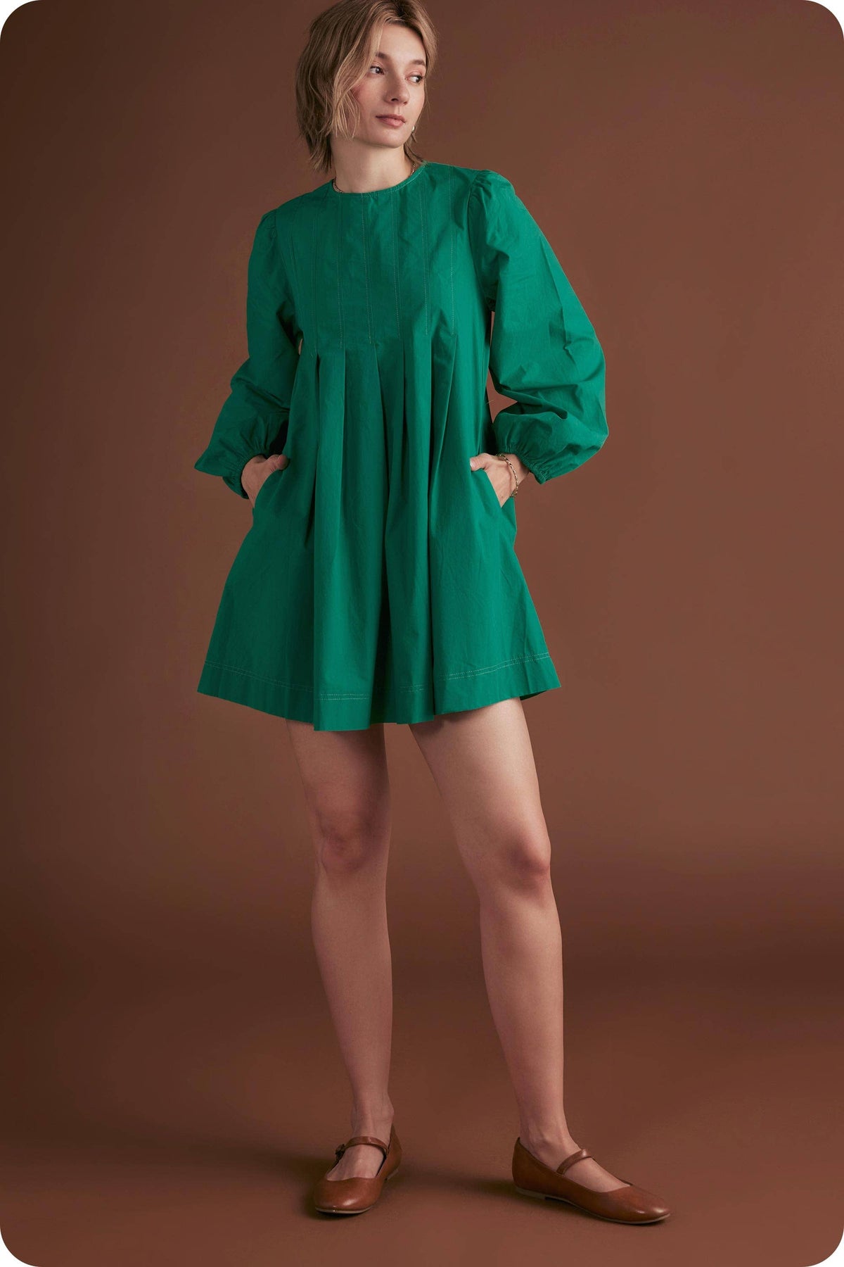 Pintuck Long Sleeve Mini Dress