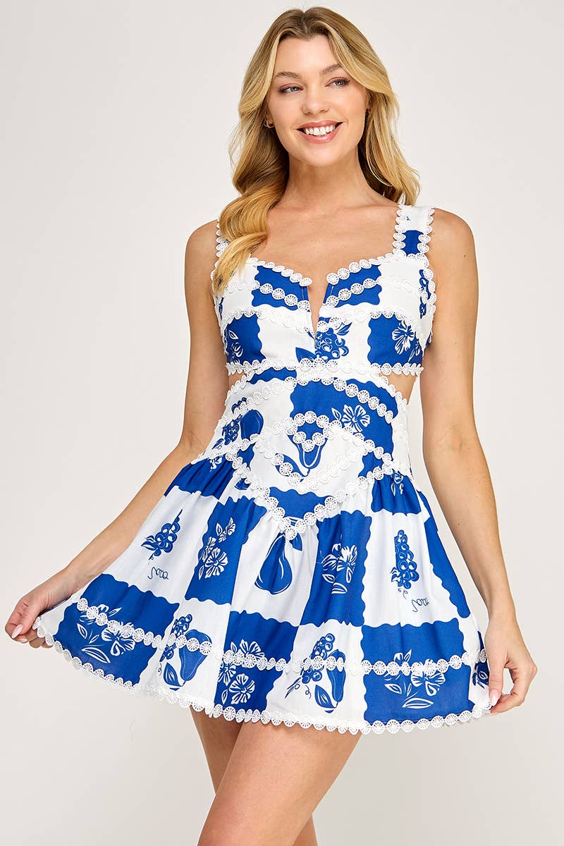 VID51828 - Linen Sleeveless Floral Lace Mini Dress