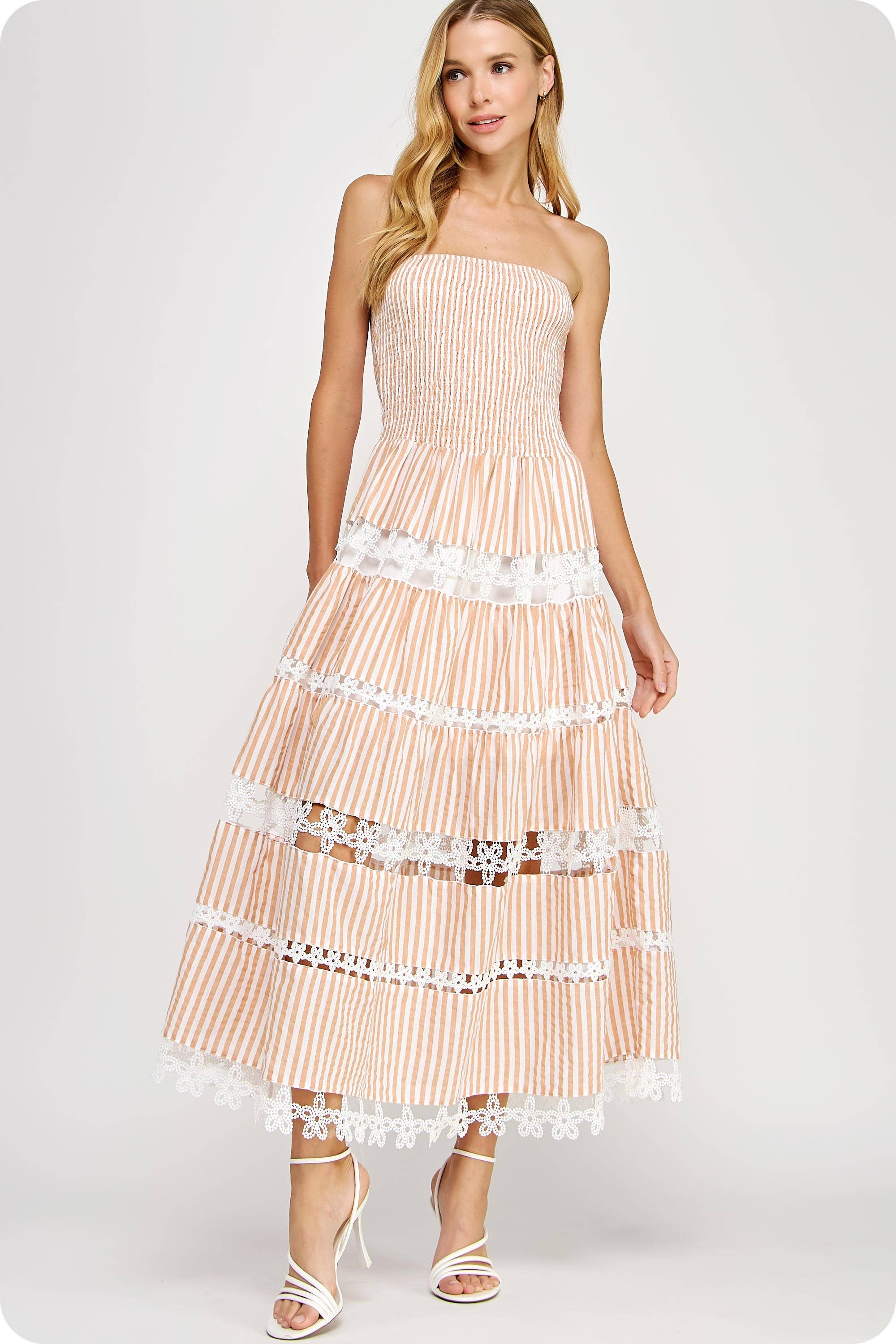Striped Floral Lace Tube Dress