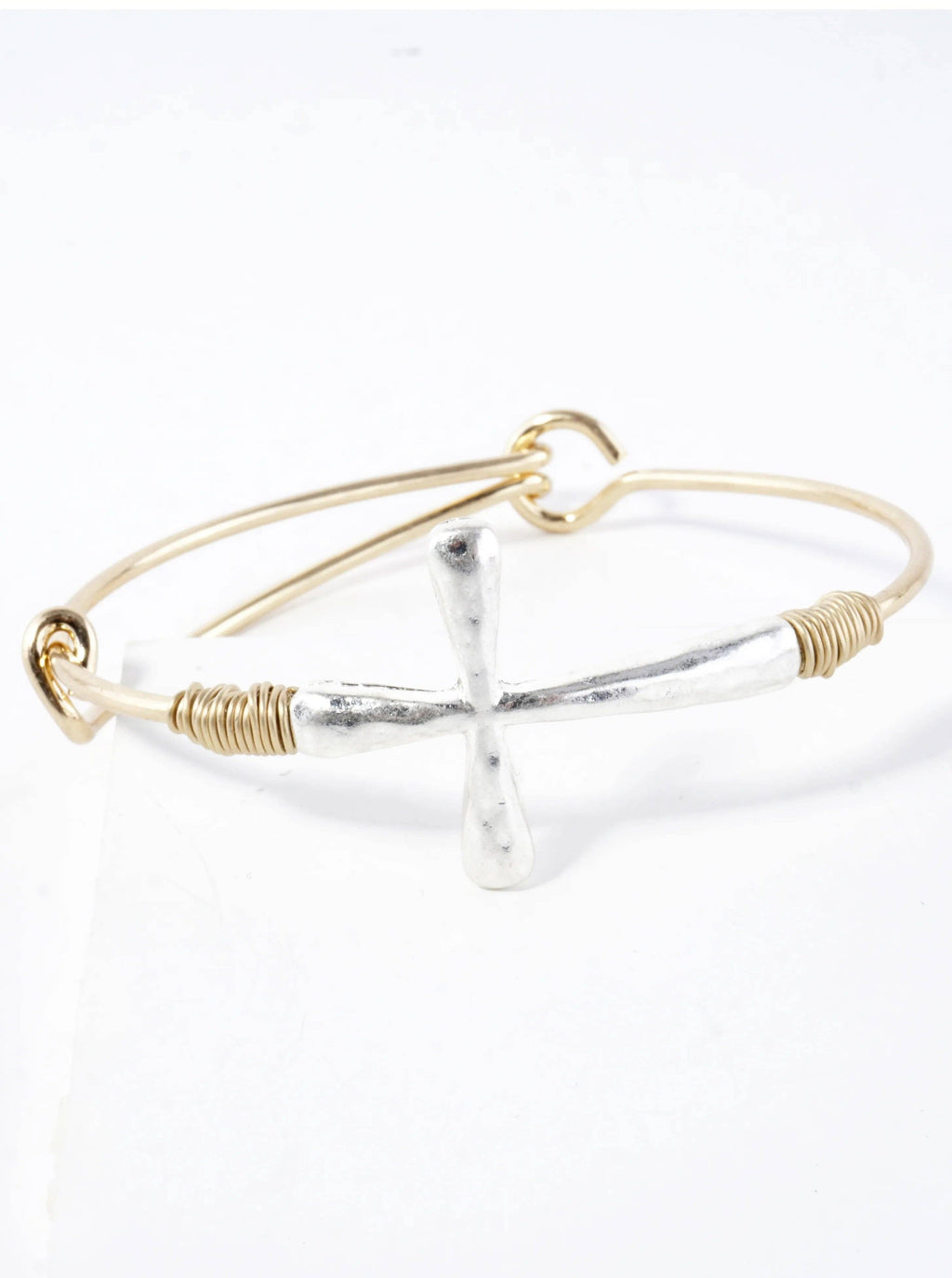 Hammered Cross Sideways Wired Cuff Hinge Bracelet