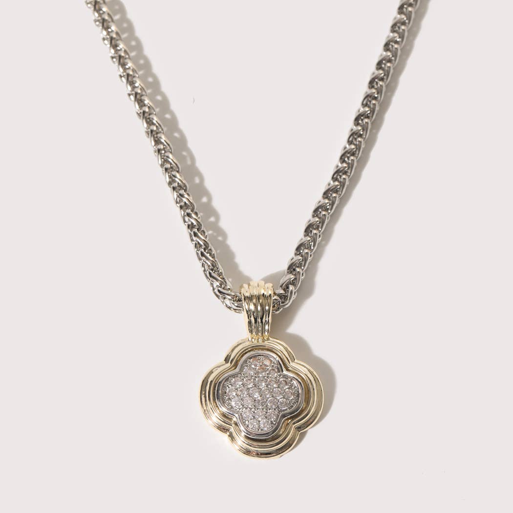 Two Tone CZ Pave Clover Pendant Necklace