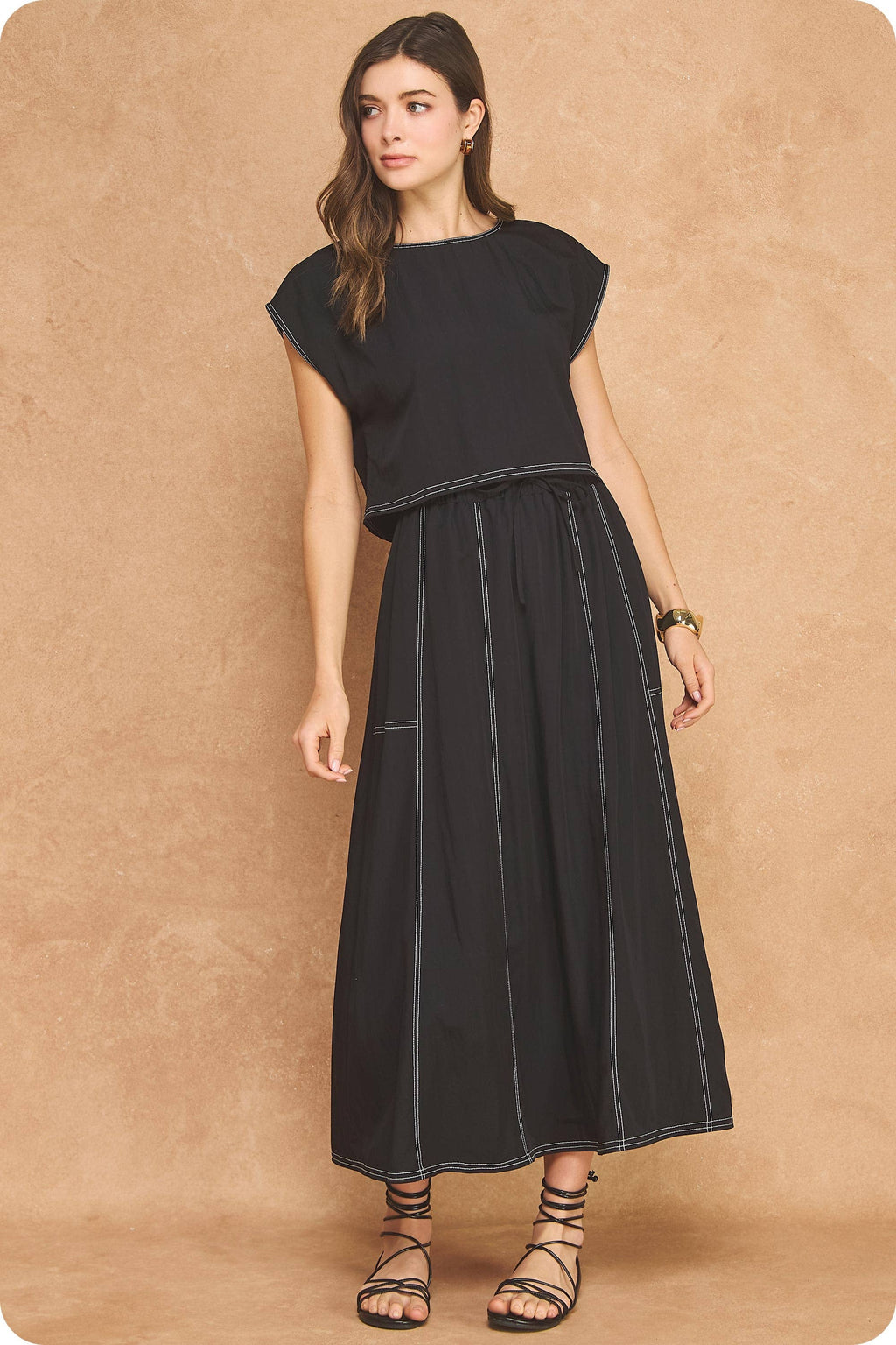Top Stitch Cap Sleeve Top & Midi Skirt 2-Piece Set