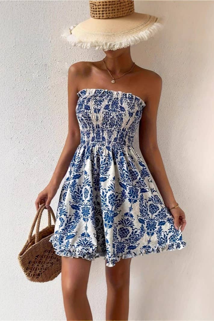 Vacation Paisley Floral Smocked strapless dress in blue