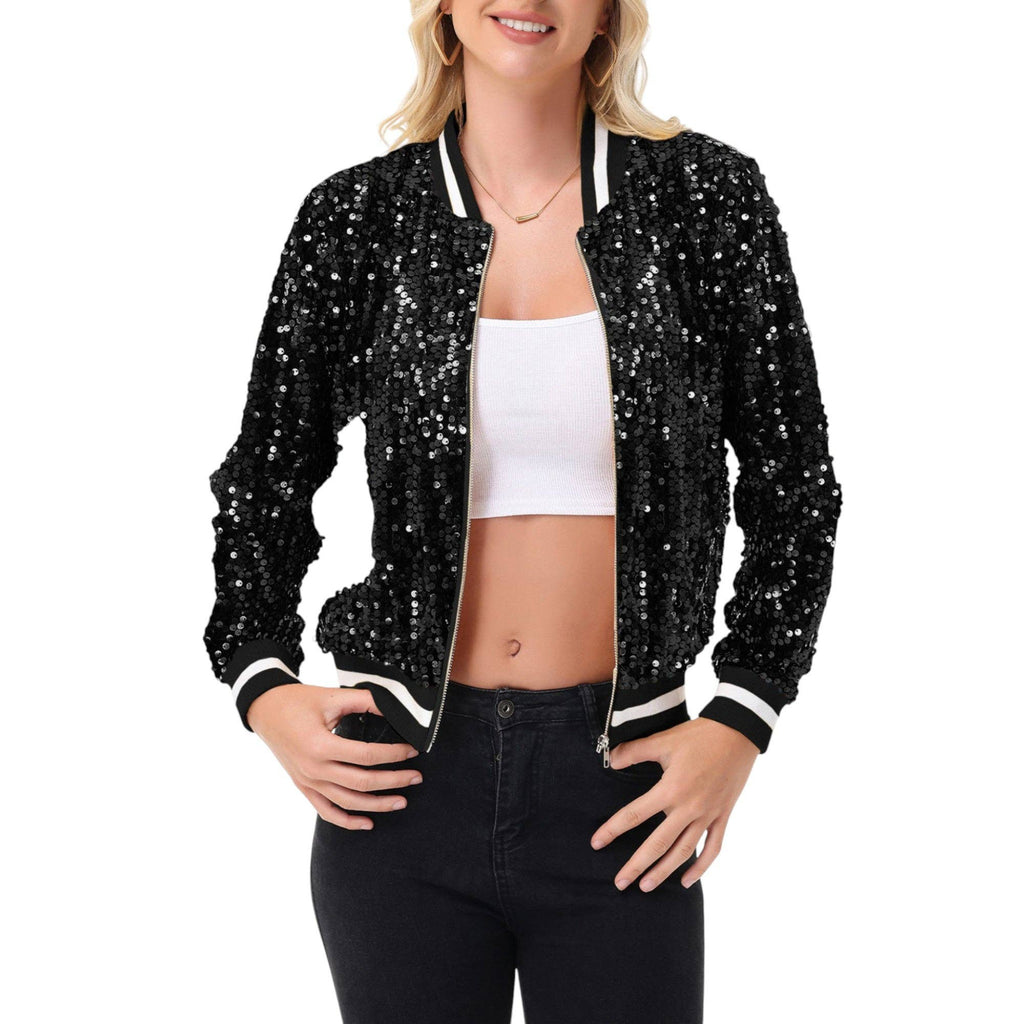 Game Day Sequin Bomber Jacket with Ribbed Trim and Front Zip