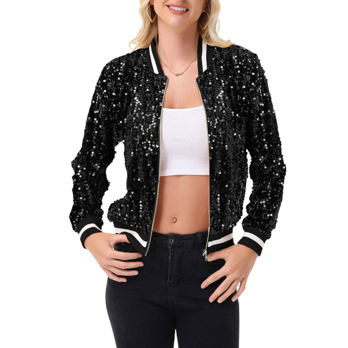Game Day Sequin Bomber Jacket with Ribbed Trim and Front Zip