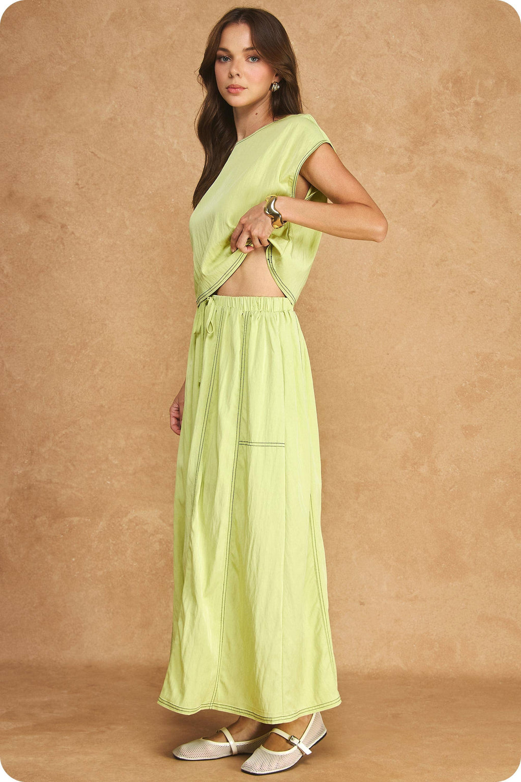 Top Stitch Cap Sleeve Top & Midi Skirt 2-Piece Set