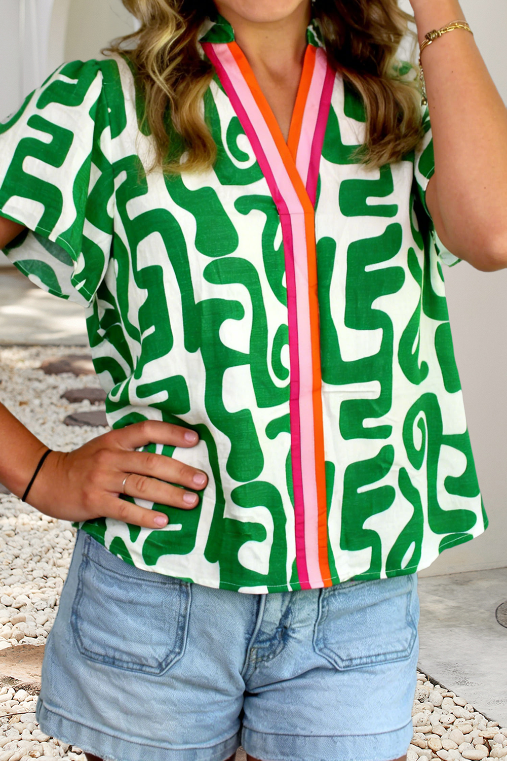 LDC Abstract Print Striped Trim V Neck Short Sleeve Blouse