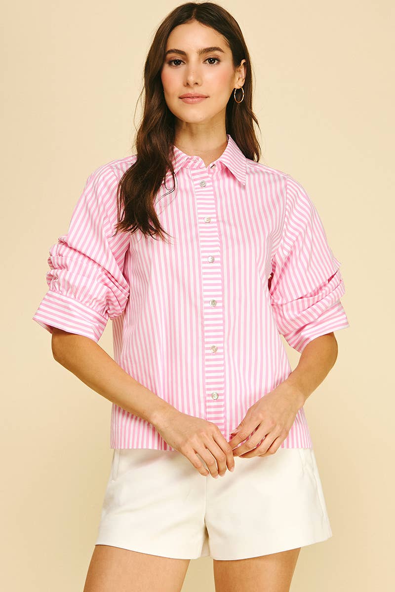 RUCHED SLEEVE STRIPED BUTTON DOWN SHIRT - 7061T