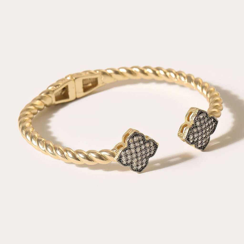 Matte Gold Hematite CZ Clover Open Cuff Bracelet