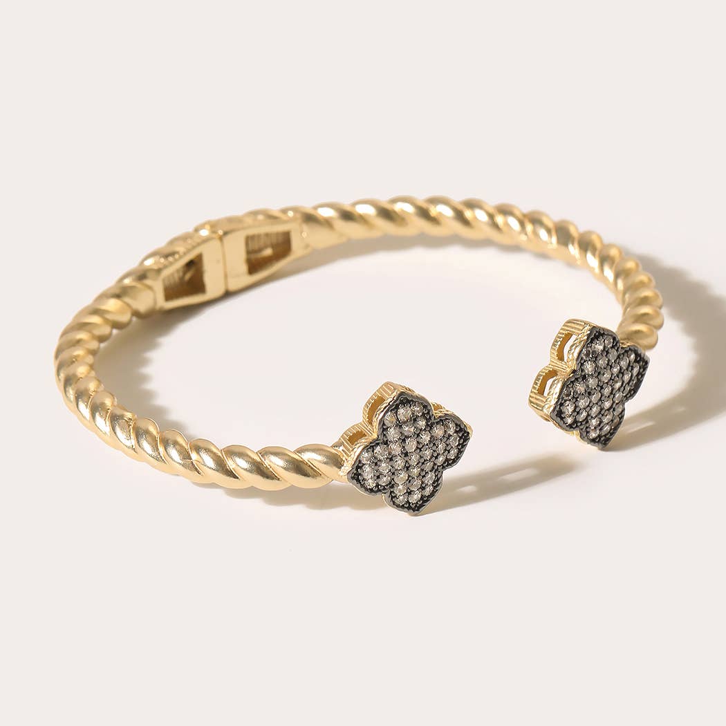 Matte Gold Hematite CZ Clover Open Cuff Bracelet