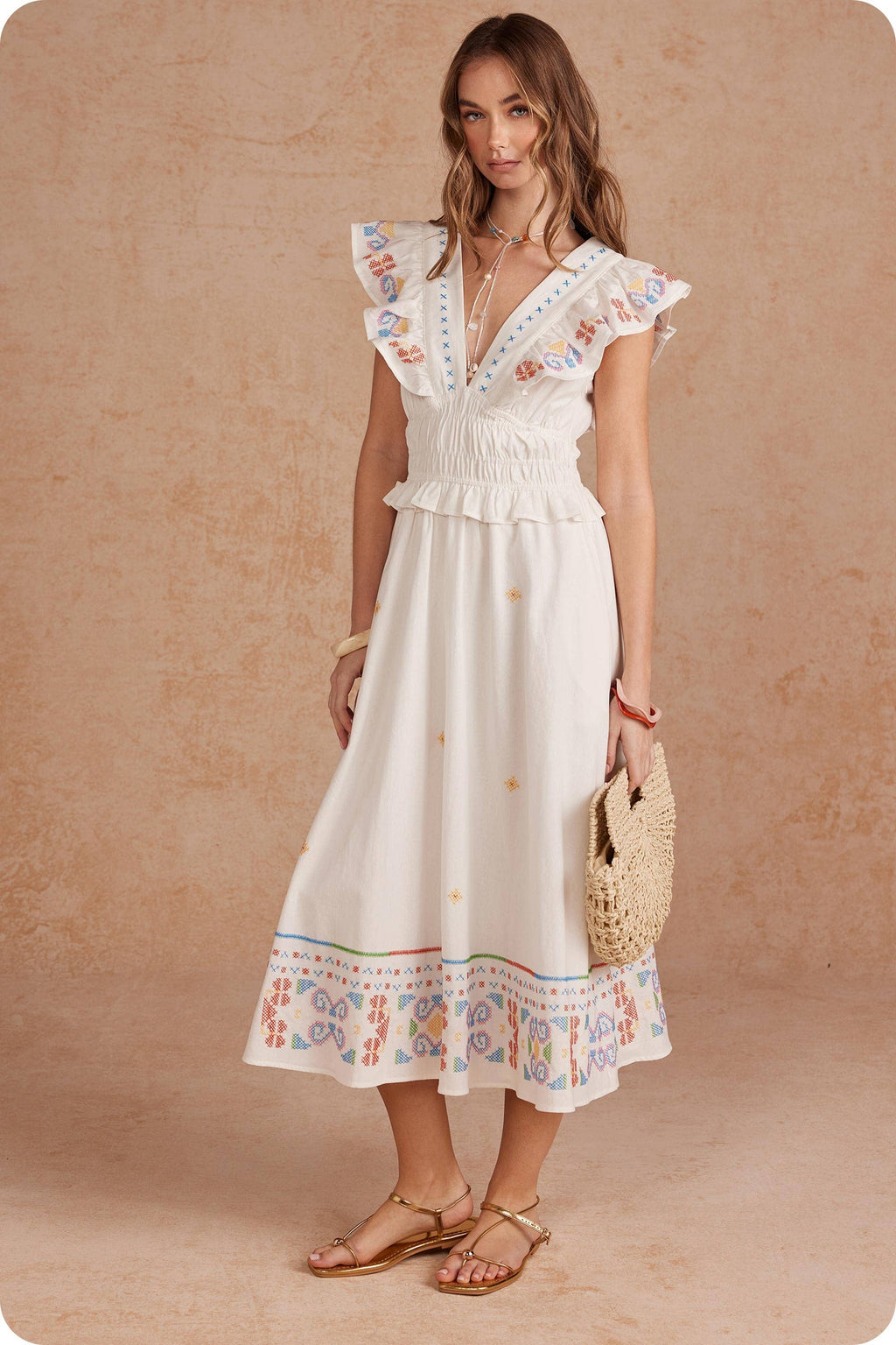 Cross-Stitch Embroidered Flutter Sleeve Midi Dress
