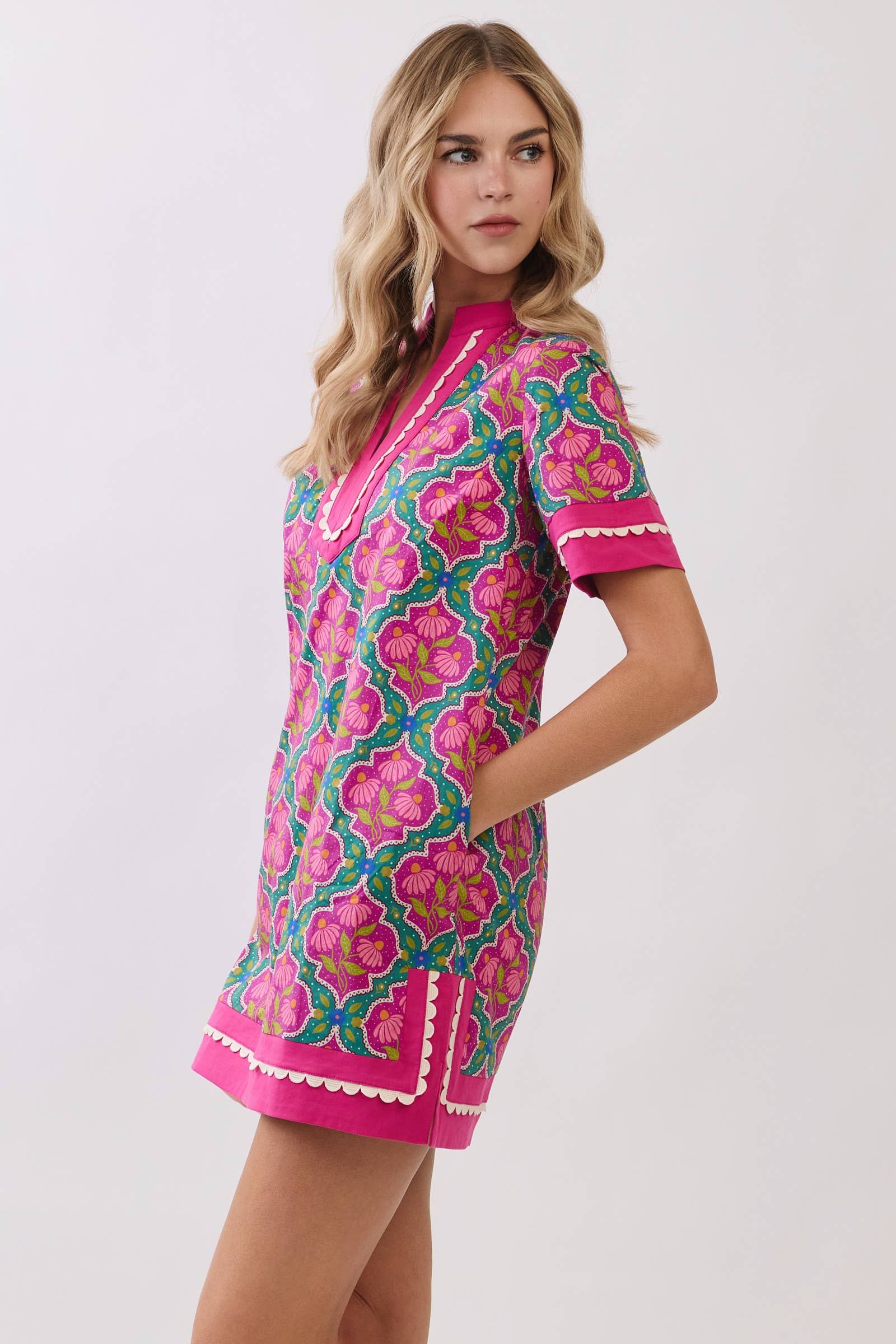 CD06671-Colorful Floral Print Contrast Borders Shift Dress