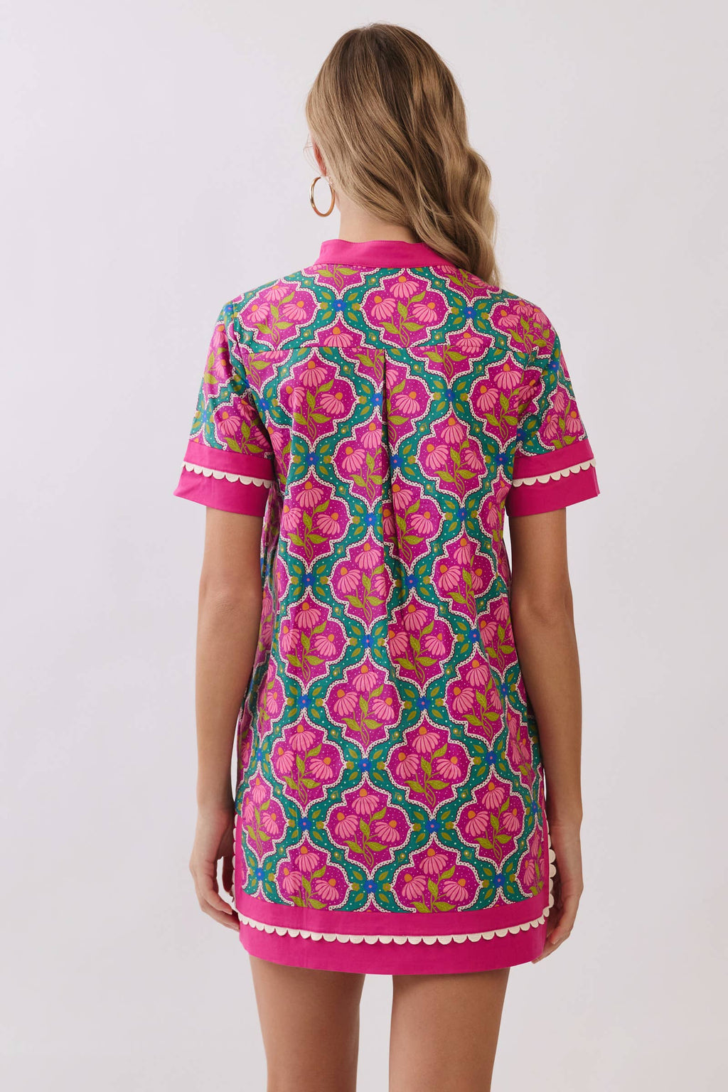 CD06671-Colorful Floral Print Contrast Borders Shift Dress