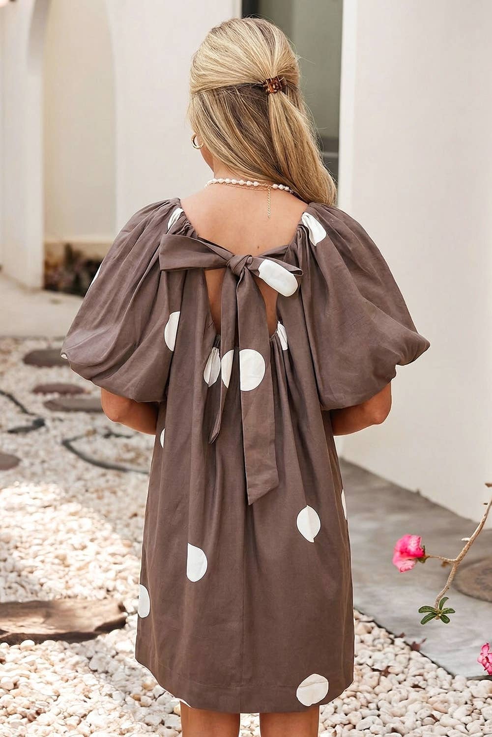 LDC Polka Dot Knot Back Short Puff Sleeve Loose Mini Dress