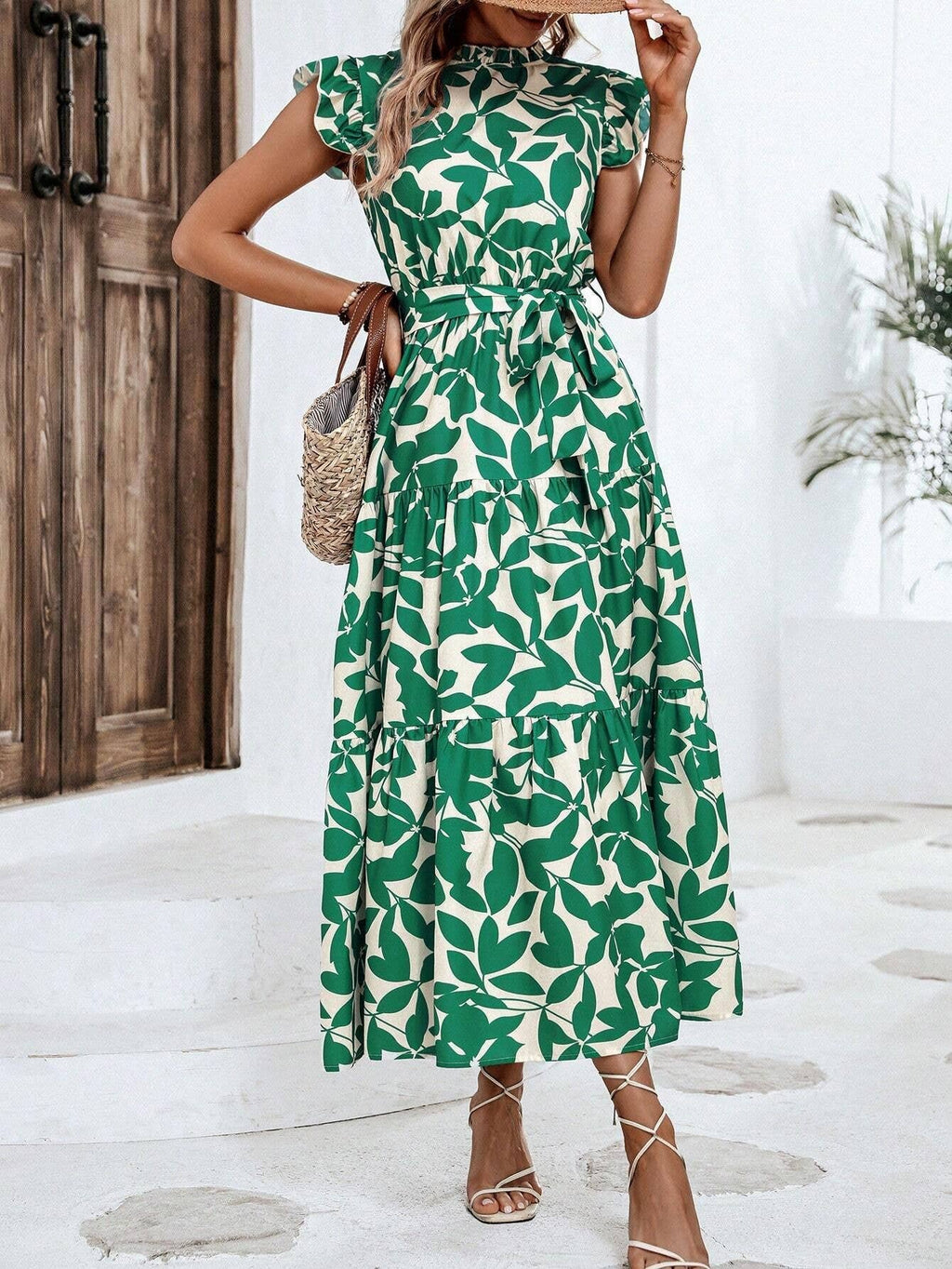 Fashion wooden ears fly-sleeve lace-up long dress