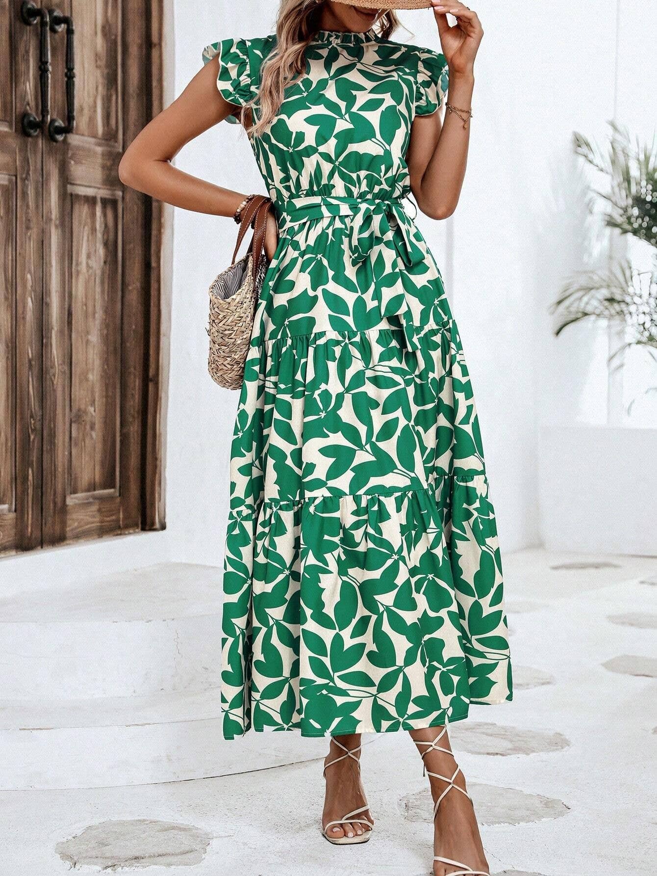 Fashion wooden ears fly-sleeve lace-up long dress