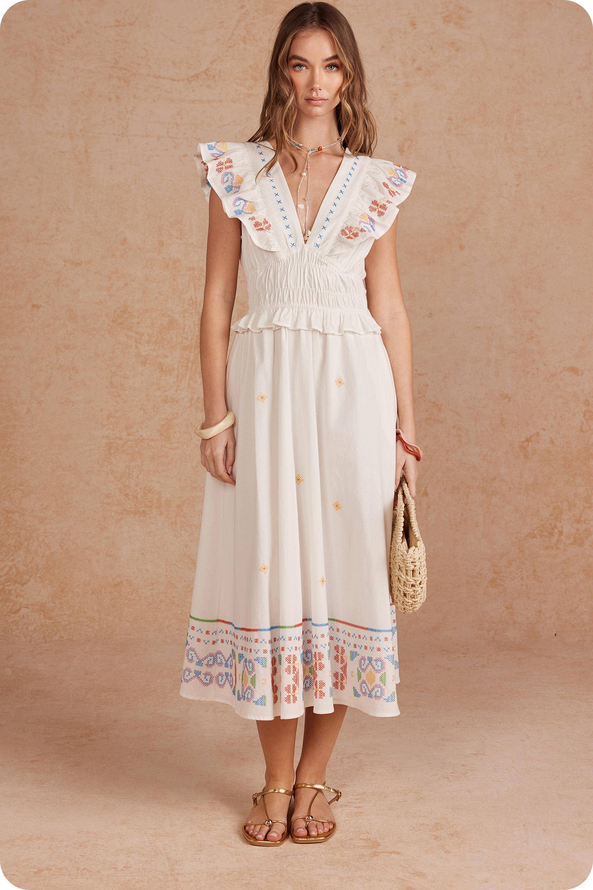 Cross-Stitch Embroidered Flutter Sleeve Midi Dress