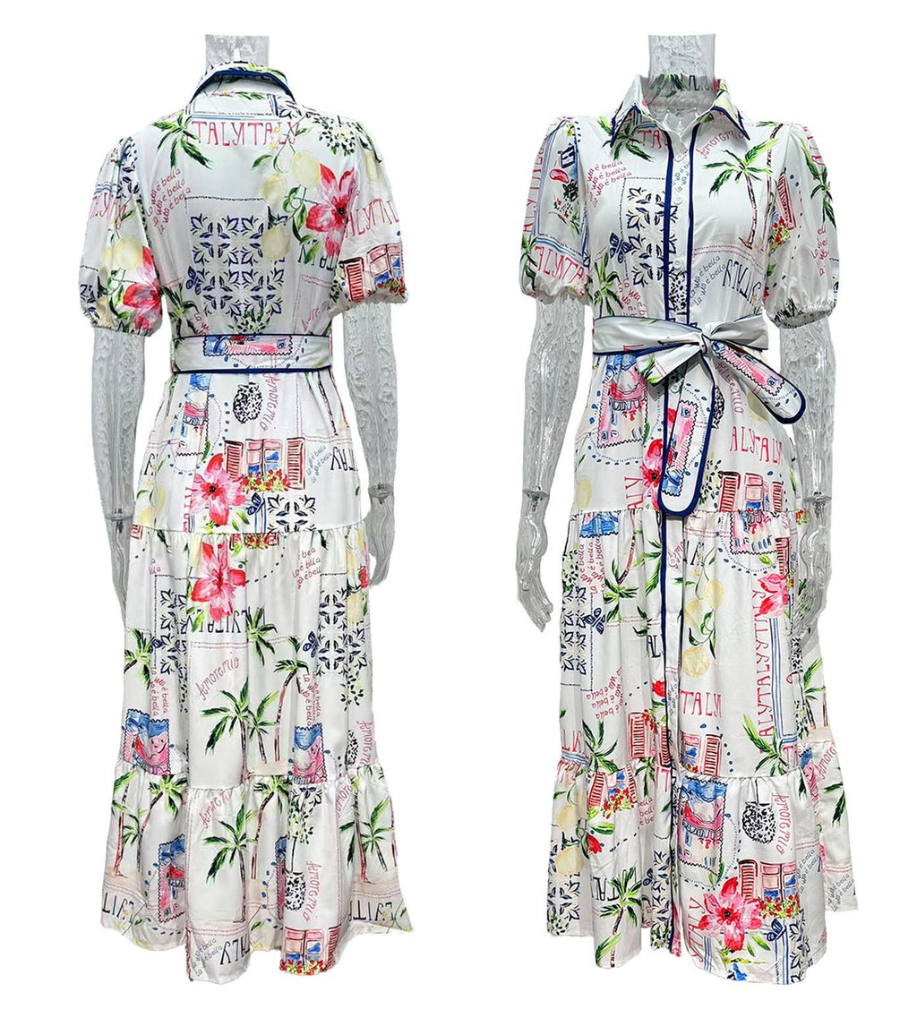 Summer Vibe Tropical Palm Belted Maxi Shirt Dress