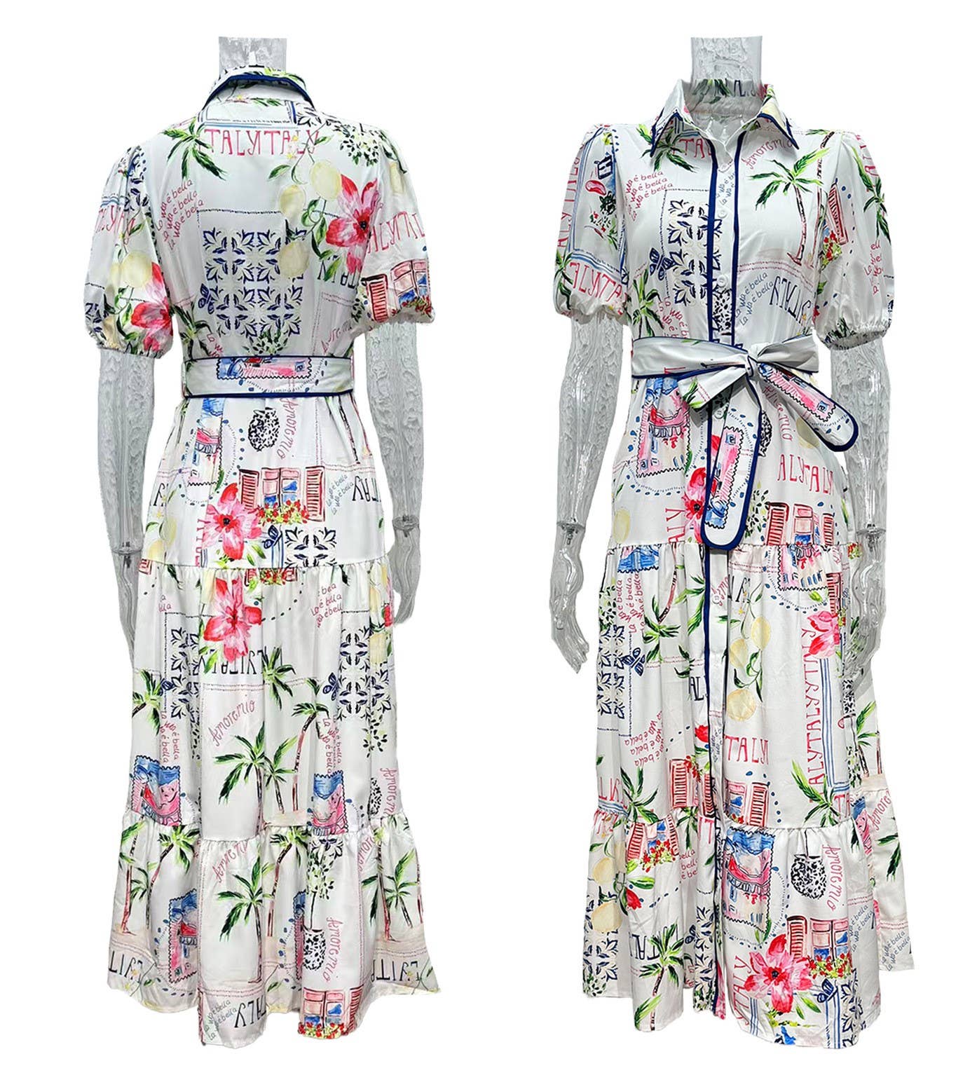Summer Vibe Tropical Palm Belted Maxi Shirt Dress