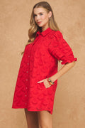 Pintuck Scalloped Eyelet Puff Sleeve Mini Shirt Dress